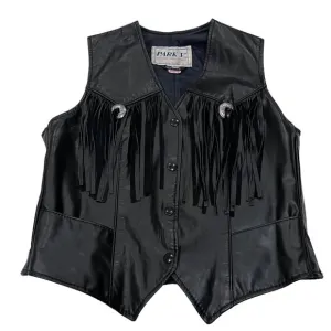 Park V Western Leather Fringe Vest, Vtg, USA, Black, 10