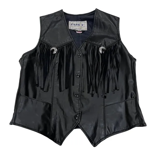 Park V Western Leather Fringe Vest, Vtg, USA, Black, 10
