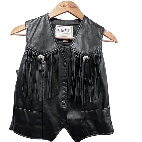 Park V Western Leather Fringe Vest, Vtg, USA, Black, 10
