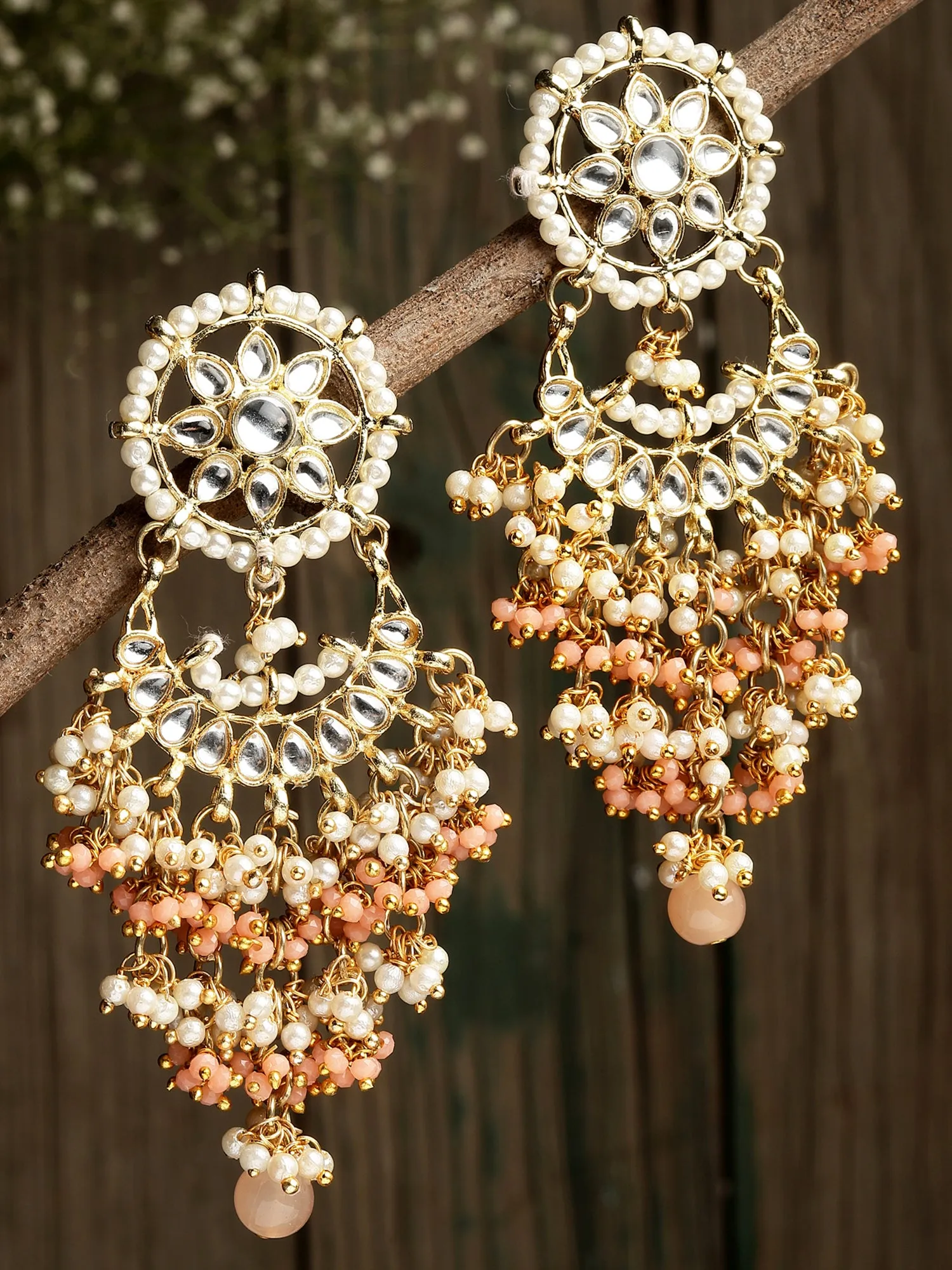 Peach Crystal and Pearl Kundan Dangler Earrings for Women