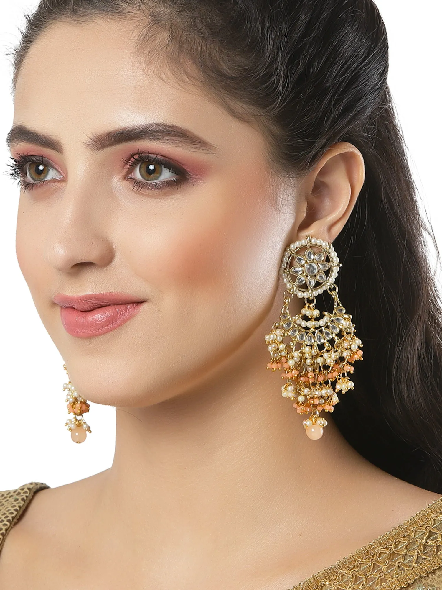 Peach Crystal and Pearl Kundan Dangler Earrings for Women