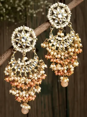 Peach Crystal and Pearl Kundan Dangler Earrings for Women