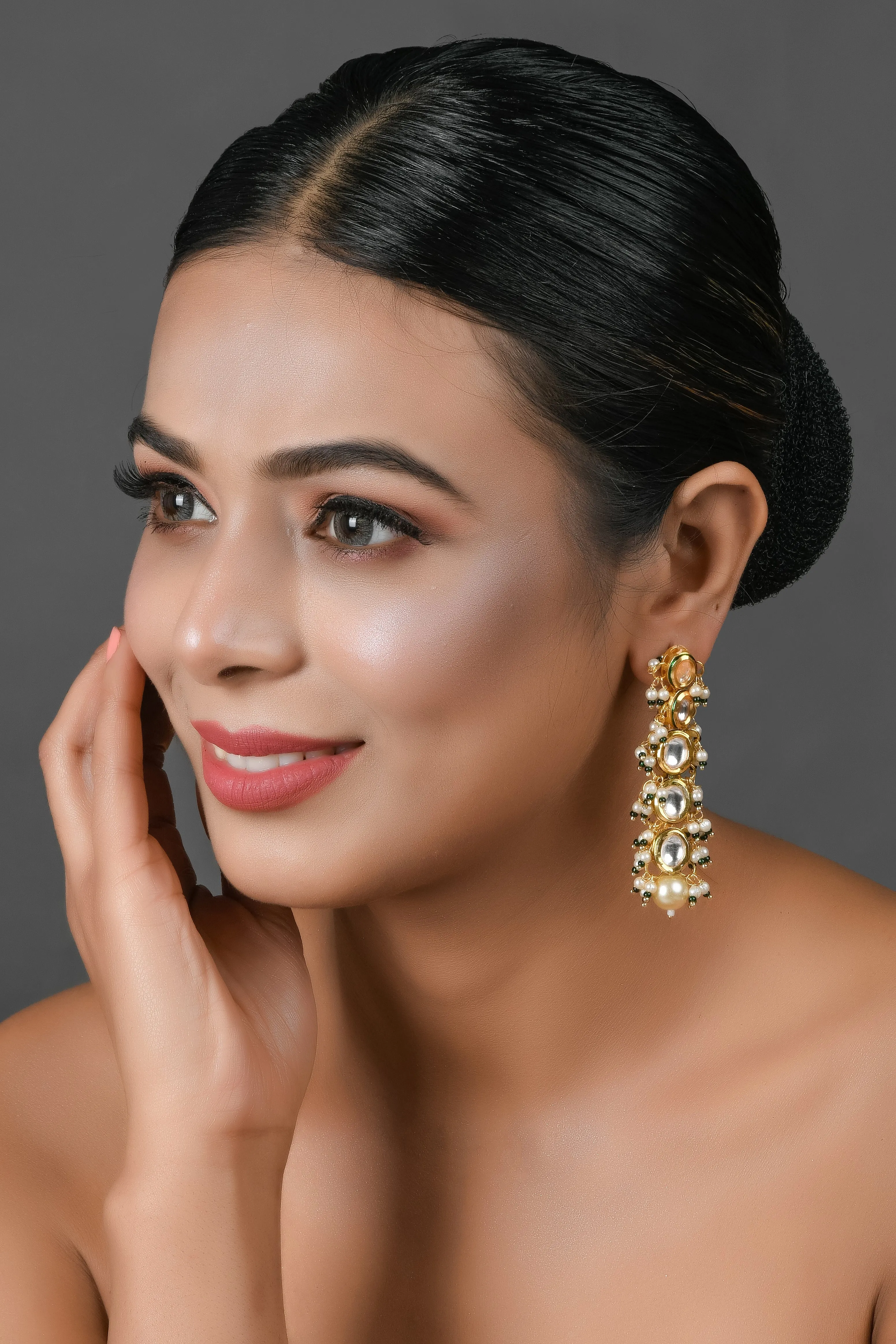 Pearl Beaded Kundan Gold Tone Earrings