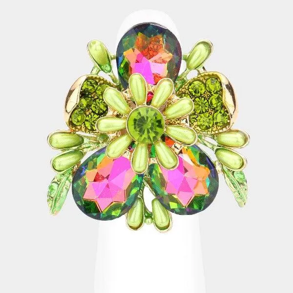 Pearl Embellished Teardrop Oil Spill Flower Stretch Ring