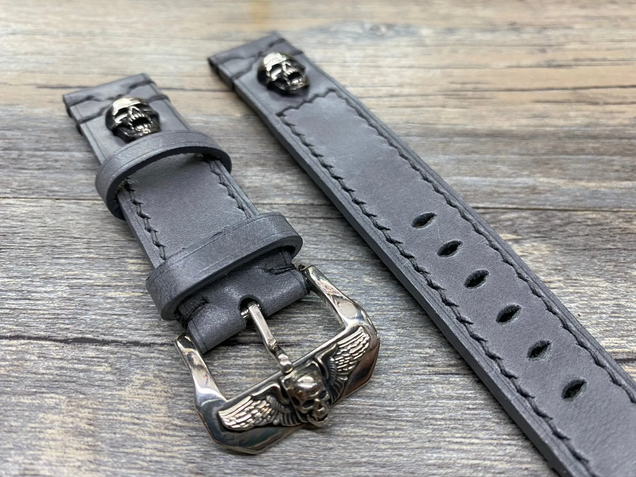 Personalised Gray Leather Watch Straps 20mm, Vintage Wrist Watch Band with Sterling Silver 925 Skull Stud and Buckle, 22mm Watch Straps, Gift Idea for Boyfriend
