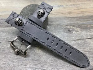 Personalised Gray Leather Watch Straps 20mm, Vintage Wrist Watch Band with Sterling Silver 925 Skull Stud and Buckle, 22mm Watch Straps, Gift Idea for Boyfriend