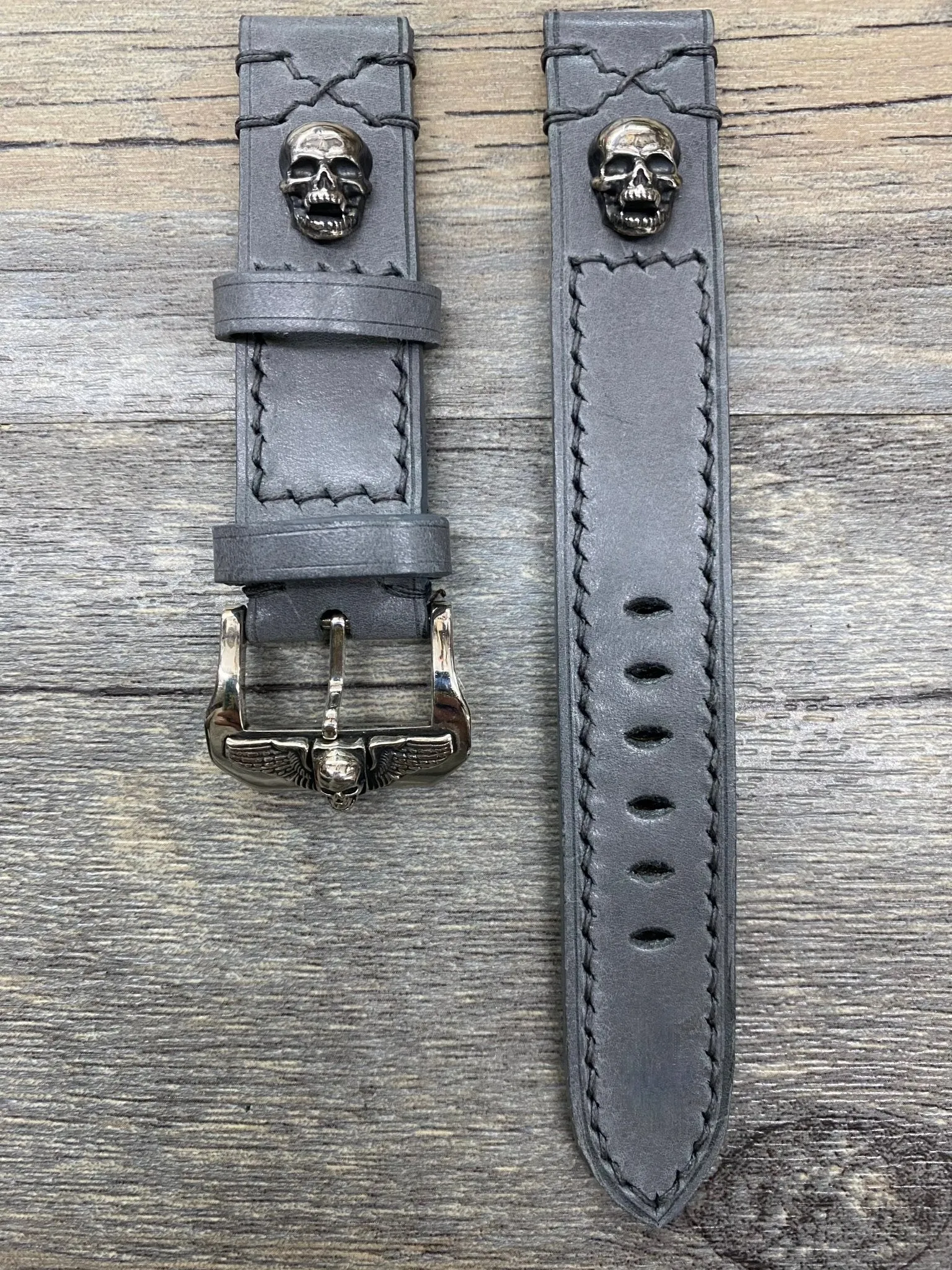 Personalised Gray Leather Watch Straps 20mm, Vintage Wrist Watch Band with Sterling Silver 925 Skull Stud and Buckle, 22mm Watch Straps, Gift Idea for Boyfriend