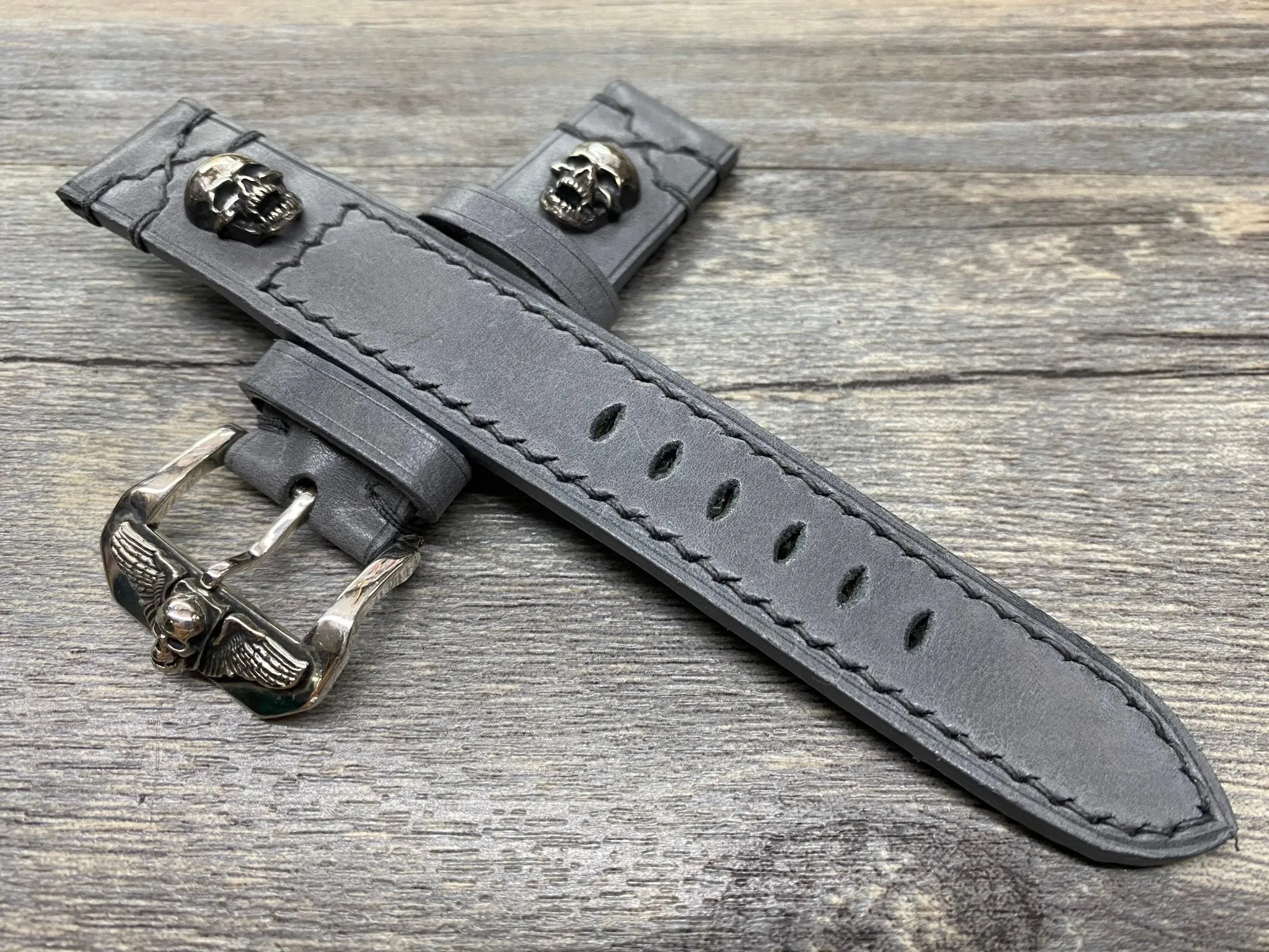 Personalised Gray Leather Watch Straps 20mm, Vintage Wrist Watch Band with Sterling Silver 925 Skull Stud and Buckle, 22mm Watch Straps, Gift Idea for Boyfriend