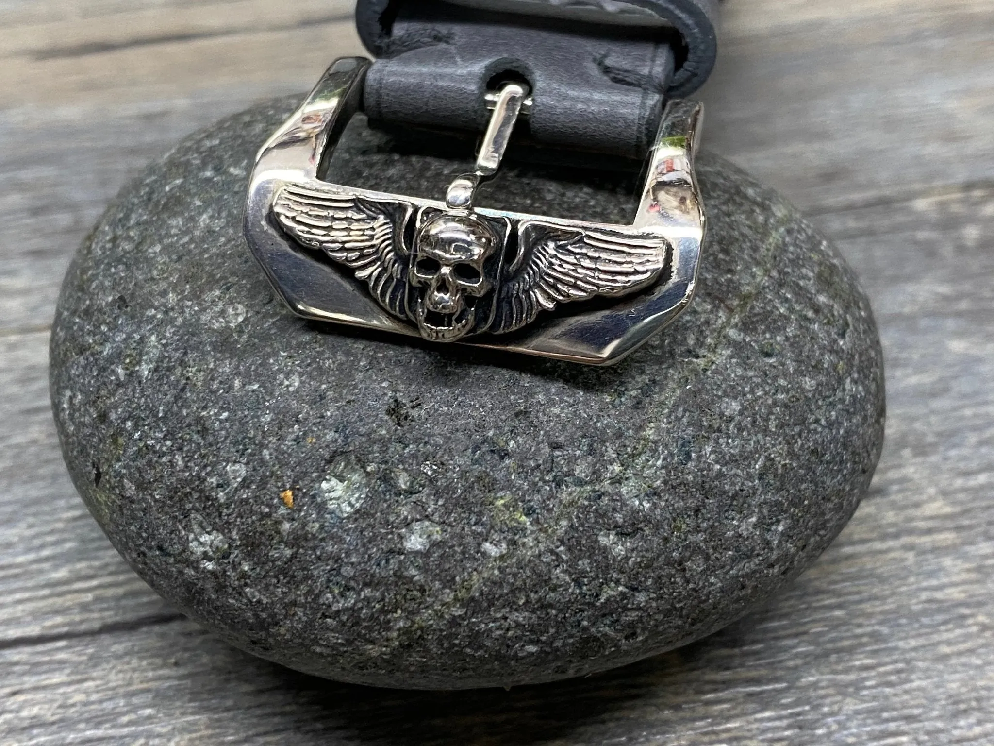 Personalised Gray Leather Watch Straps 20mm, Vintage Wrist Watch Band with Sterling Silver 925 Skull Stud and Buckle, 22mm Watch Straps, Gift Idea for Boyfriend