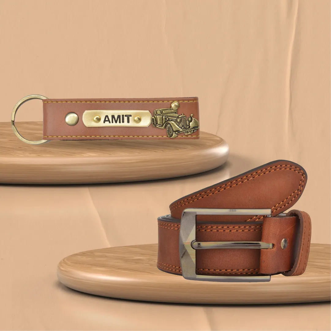 Personalized Leather Keychain and Belt for Men's - Tan
