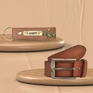 Personalized Leather Keychain and Belt for Men's - Tan