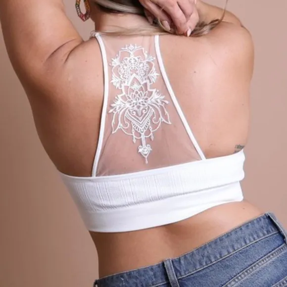 Plus Boho Black Mesh  Floral Seamless Bralette