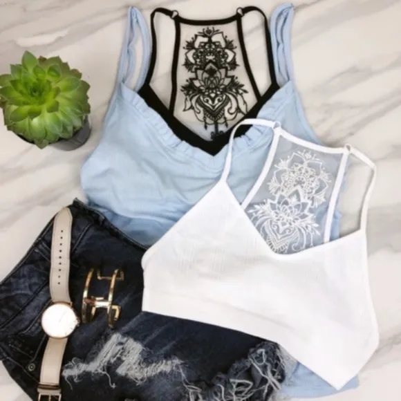 Plus Boho Black Mesh  Floral Seamless Bralette