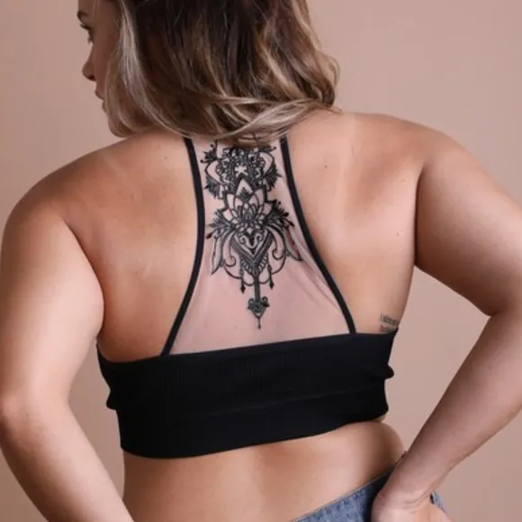 Plus Boho Black Mesh  Floral Seamless Bralette