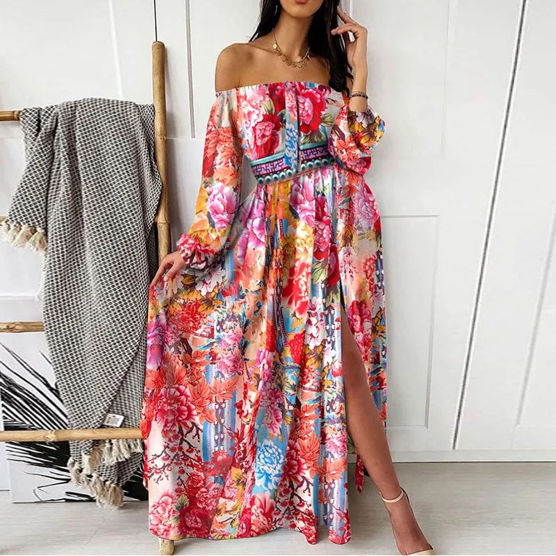Print Off Shoulder Long Sleeve High Slit Maxi Dress