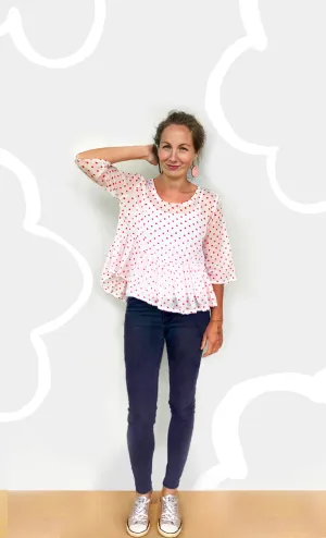 Red or Blue Dot 100% light weight voile cotton pleated top (limited addition)
