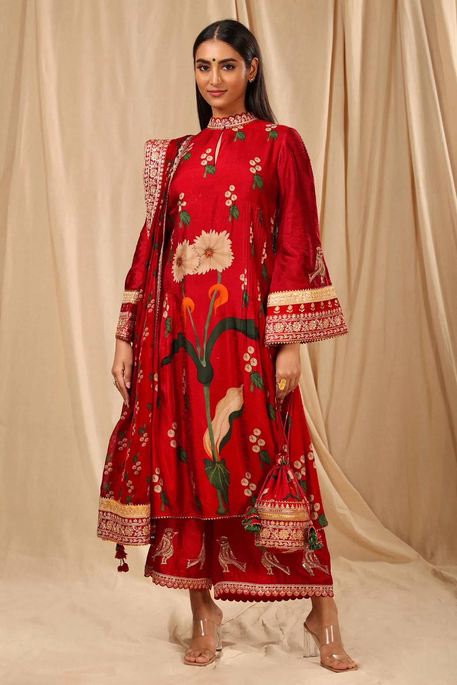 Red Spring Blossom Kurta Set