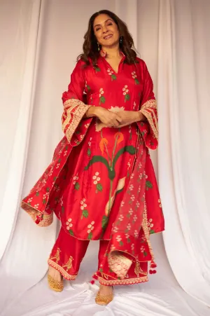 Red Spring Blossom Kurta Set