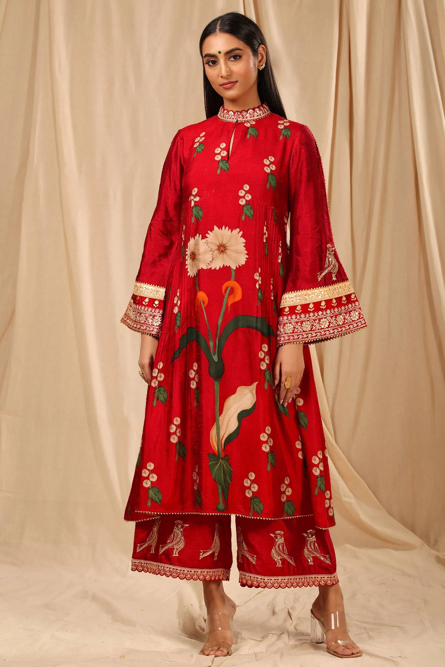 Red Spring Blossom Kurta Set