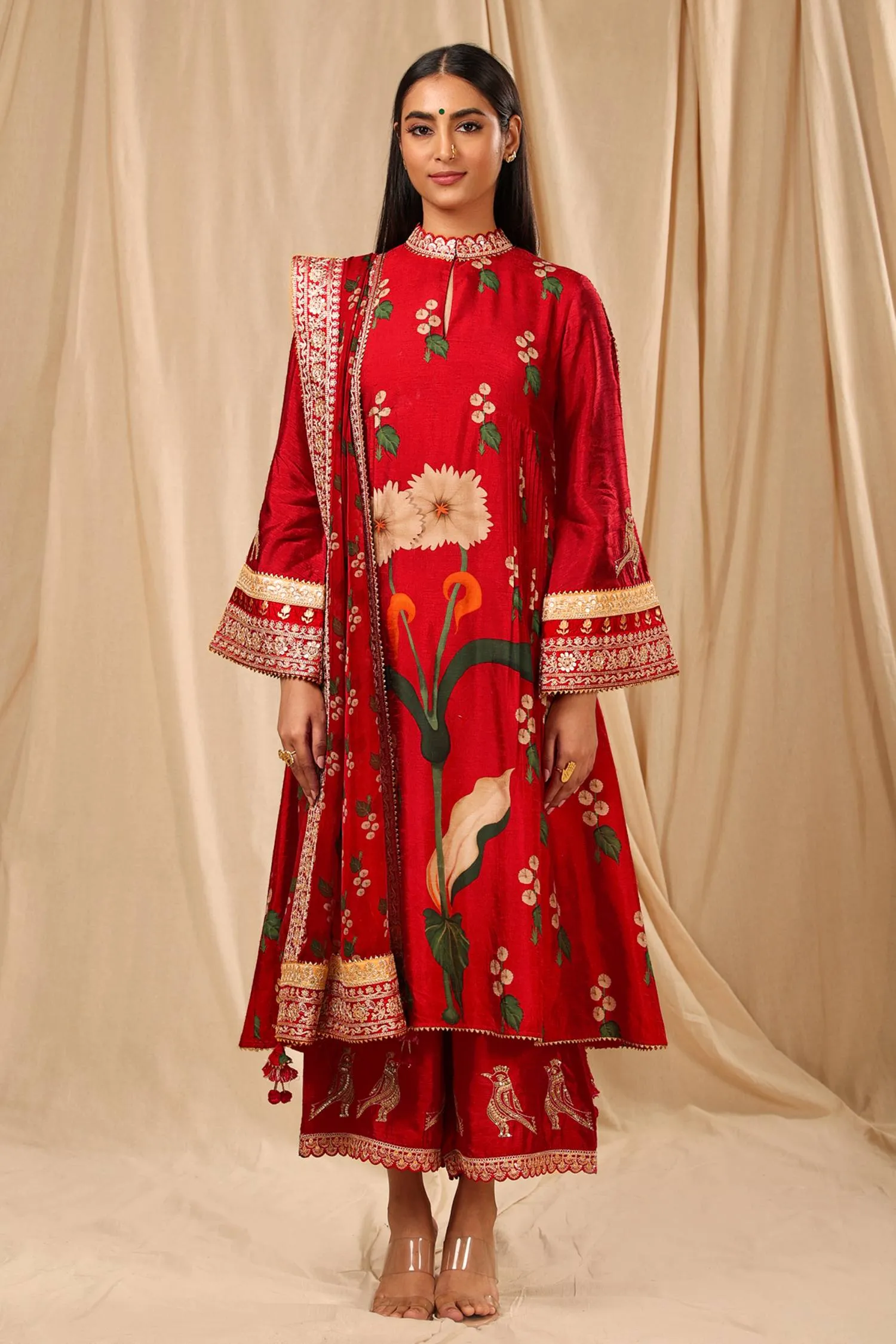 Red Spring Blossom Kurta Set