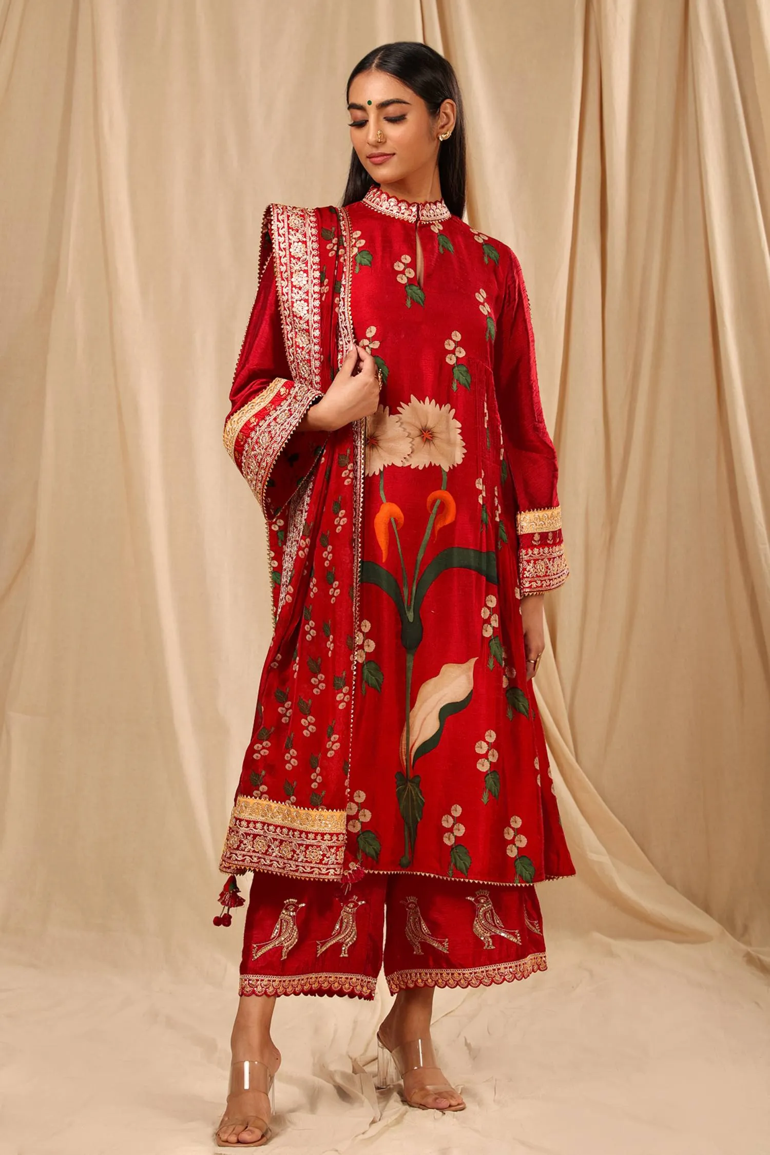 Red Spring Blossom Kurta Set