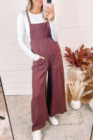Red Textured Shoulder Straps Pocketed Jumpsuit