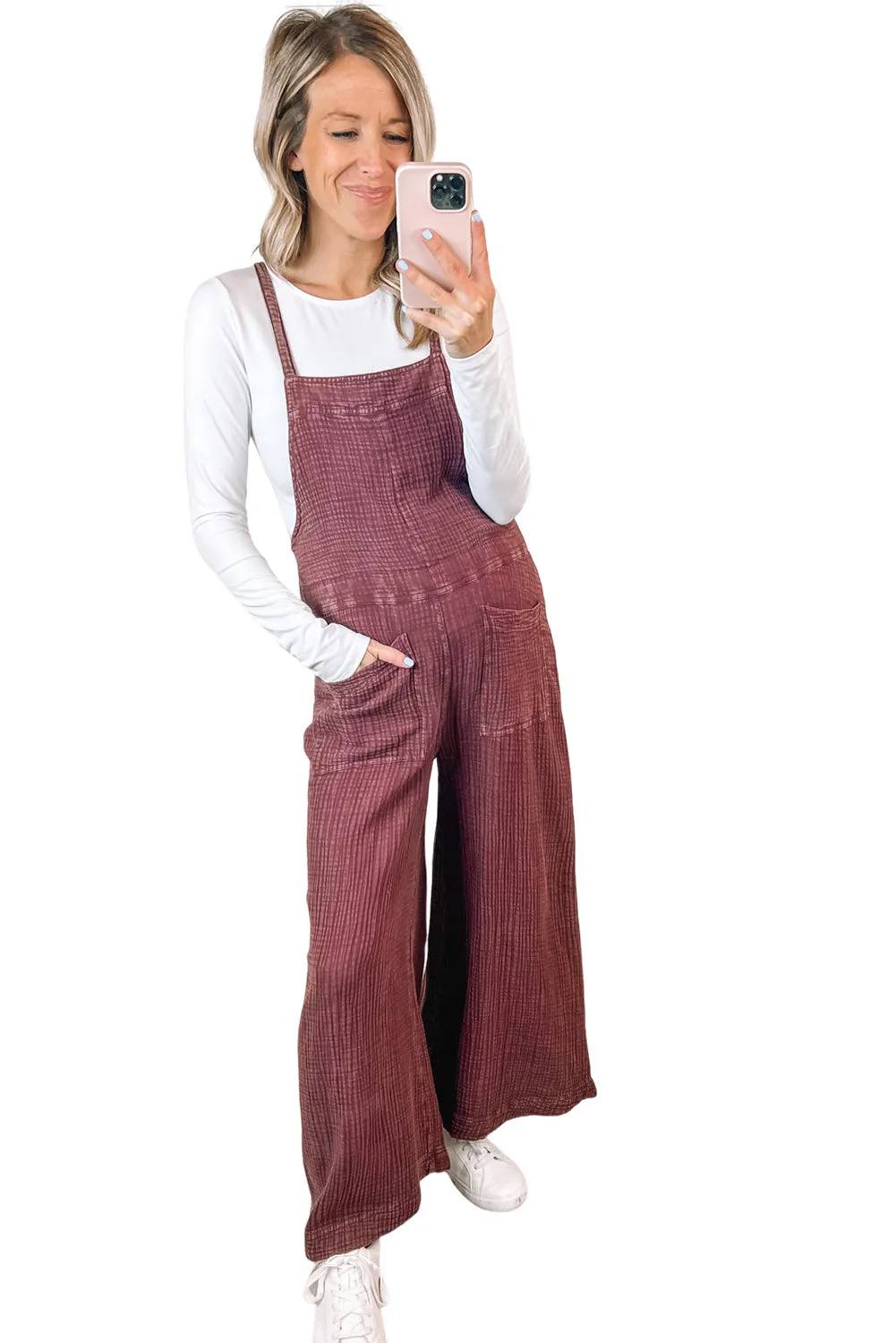 Red Textured Shoulder Straps Pocketed Jumpsuit