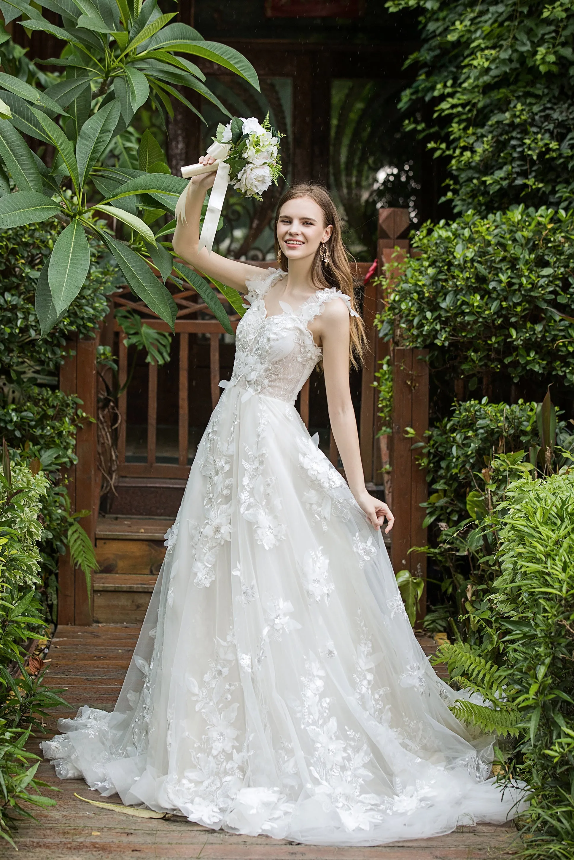 Rhea - Selena Huan Italy 3D Sequin Embroidery Floral Lace glowing A-line gown with detachable off-the-shoulder straps