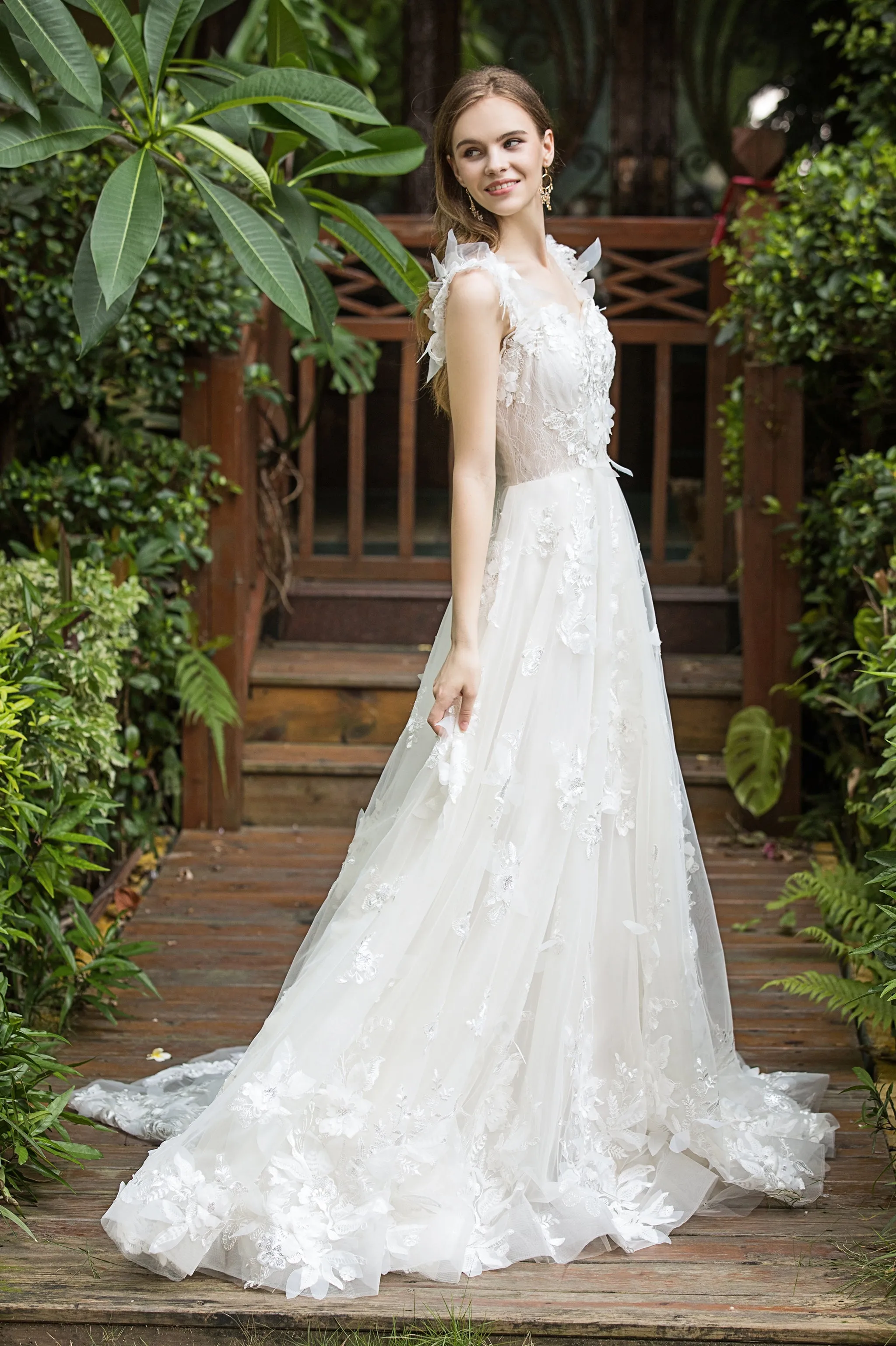 Rhea - Selena Huan Italy 3D Sequin Embroidery Floral Lace glowing A-line gown with detachable off-the-shoulder straps