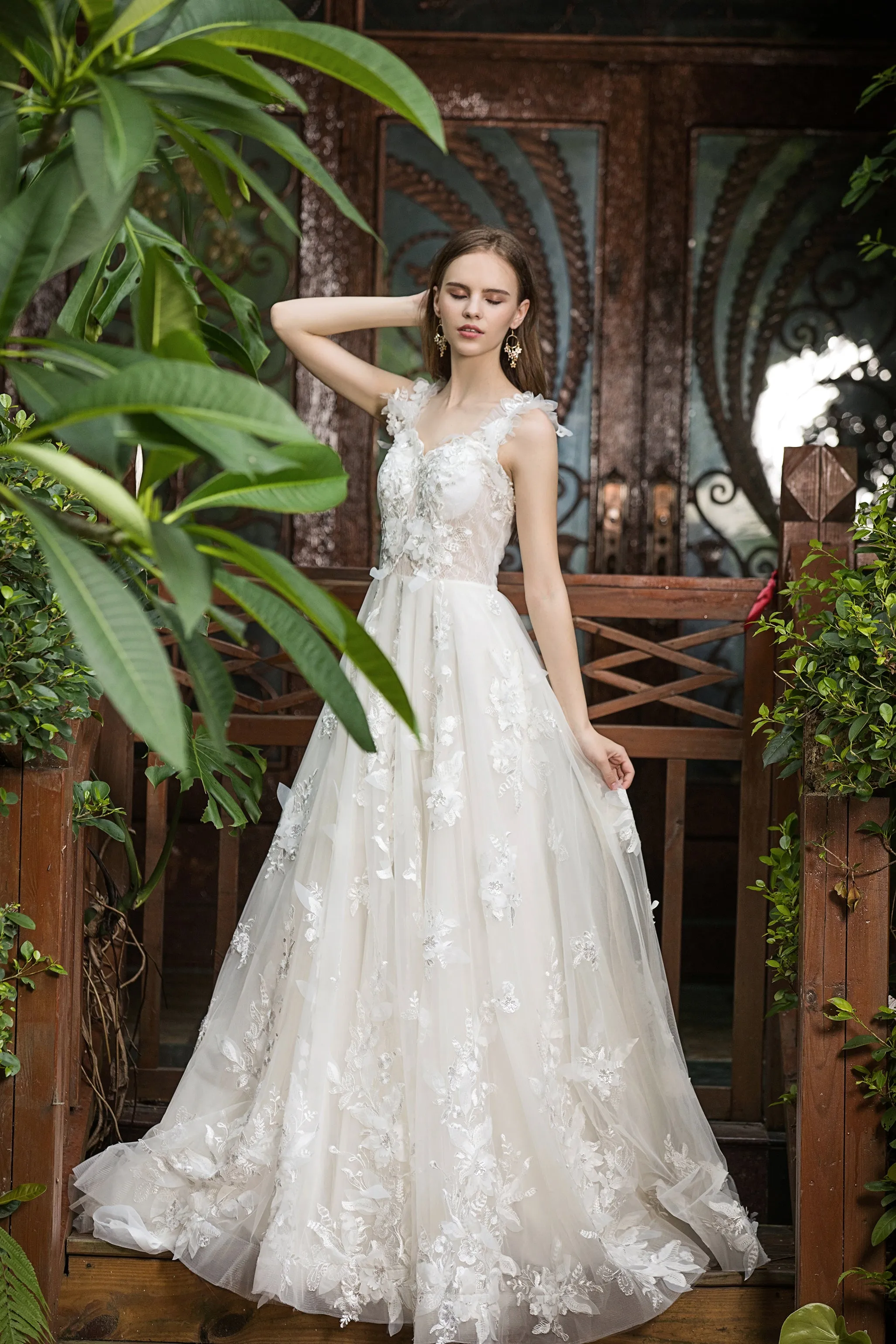 Rhea - Selena Huan Italy 3D Sequin Embroidery Floral Lace glowing A-line gown with detachable off-the-shoulder straps
