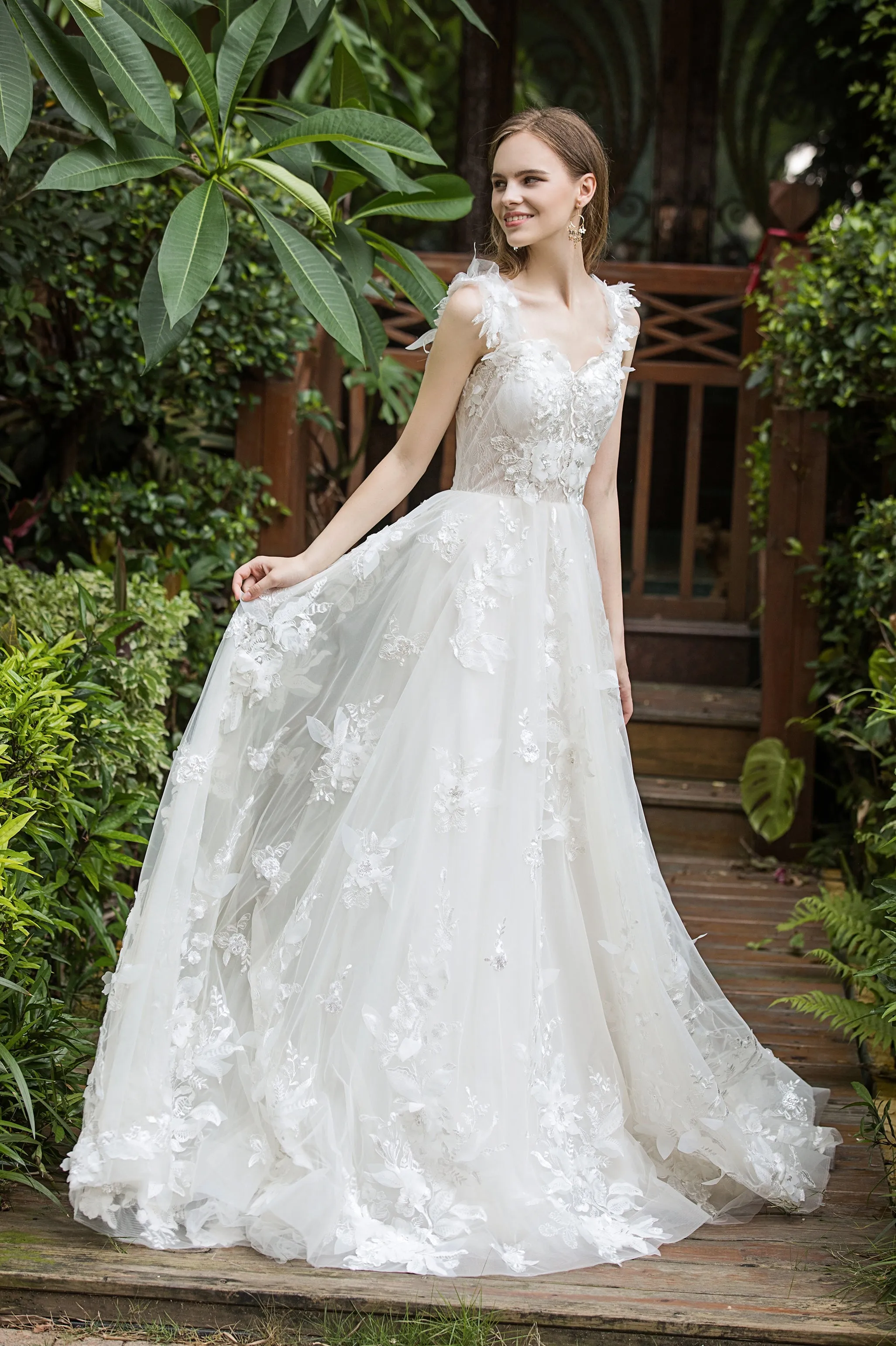 Rhea - Selena Huan Italy 3D Sequin Embroidery Floral Lace glowing A-line gown with detachable off-the-shoulder straps