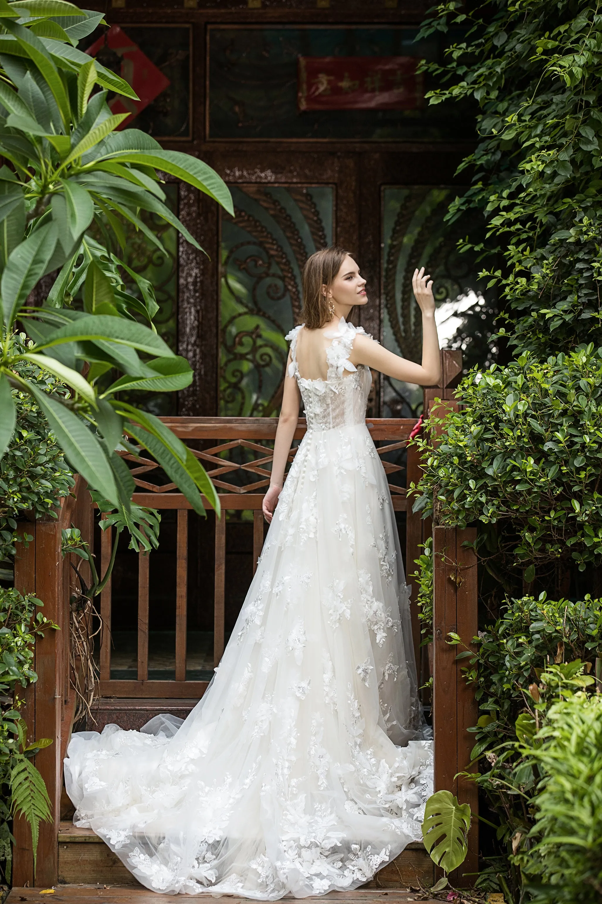 Rhea - Selena Huan Italy 3D Sequin Embroidery Floral Lace glowing A-line gown with detachable off-the-shoulder straps