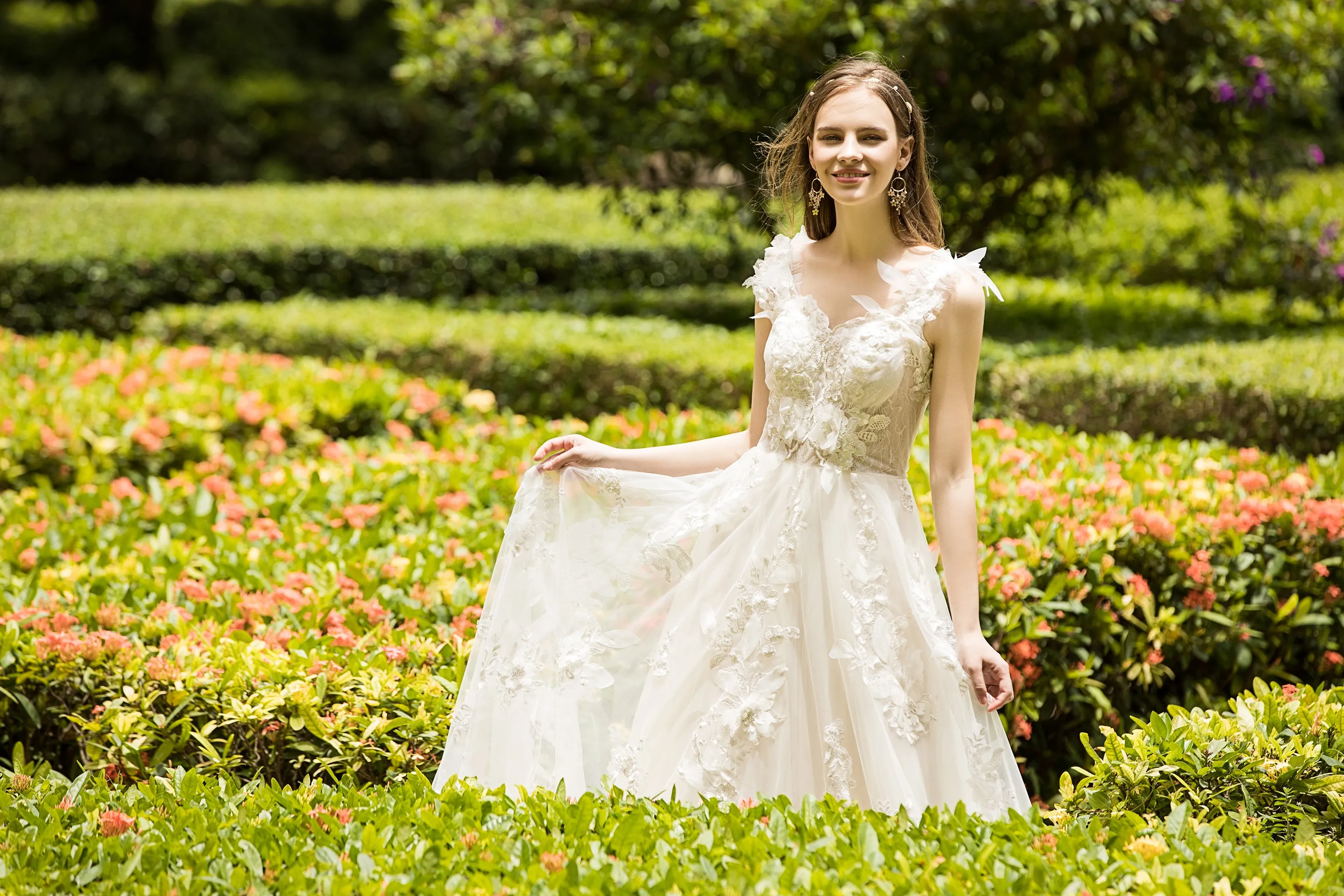 Rhea - Selena Huan Italy 3D Sequin Embroidery Floral Lace glowing A-line gown with detachable off-the-shoulder straps