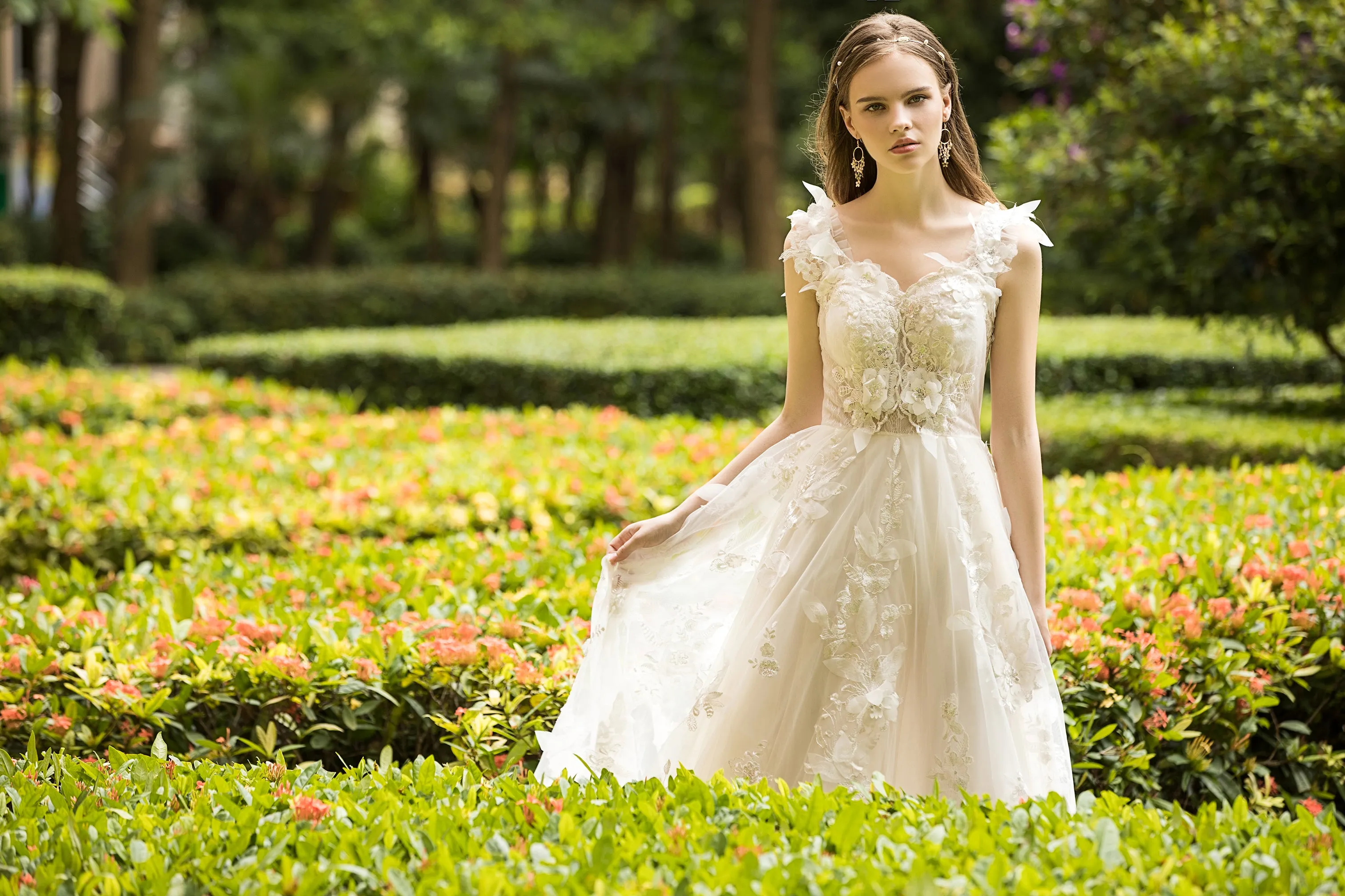 Rhea - Selena Huan Italy 3D Sequin Embroidery Floral Lace glowing A-line gown with detachable off-the-shoulder straps