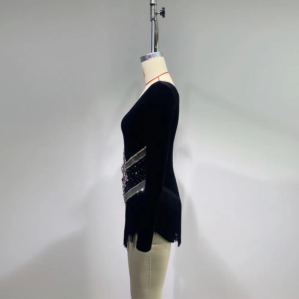 Round Neck Long Sleeve Rhinestone Mini Bodycon Dress HT822
