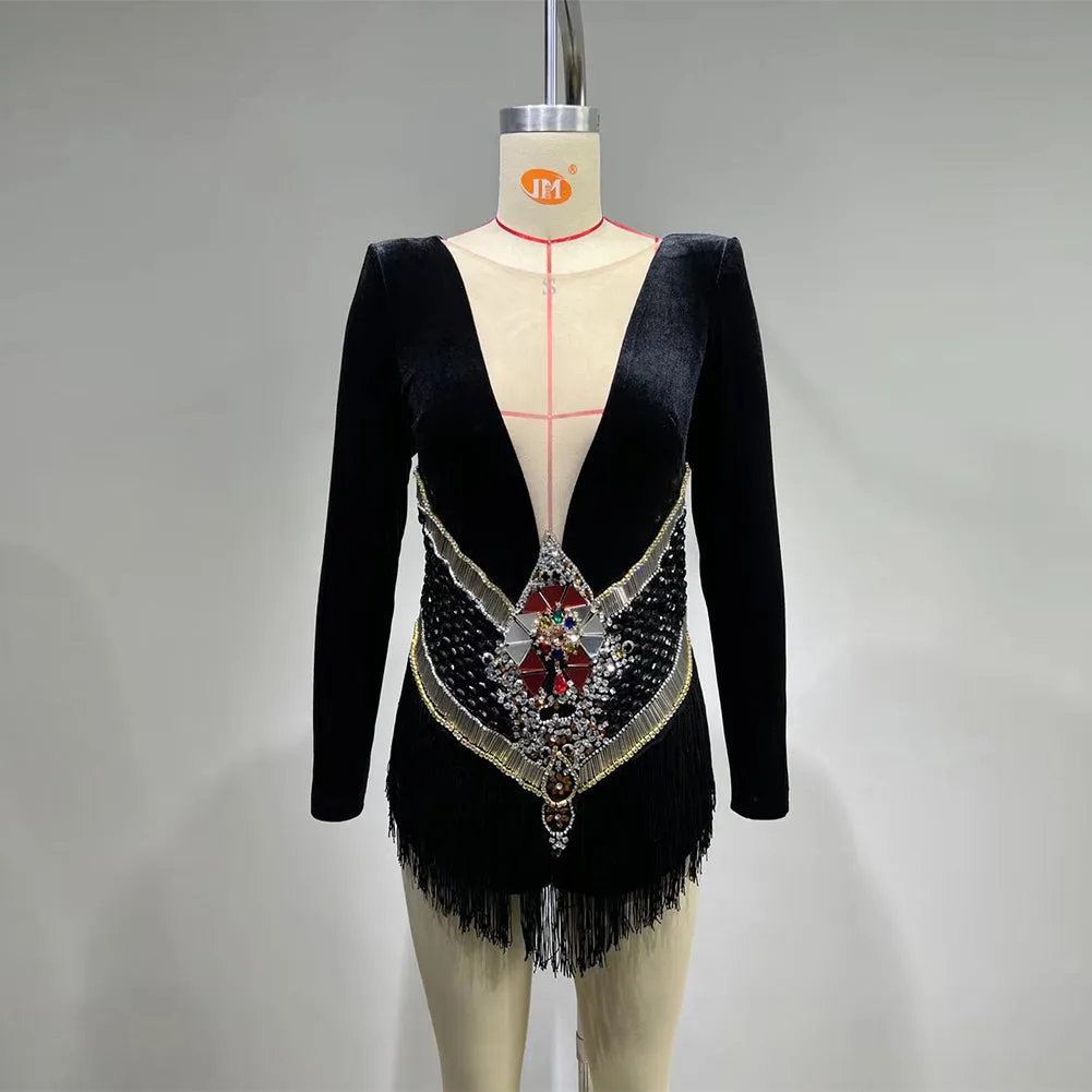 Round Neck Long Sleeve Rhinestone Mini Bodycon Dress HT822