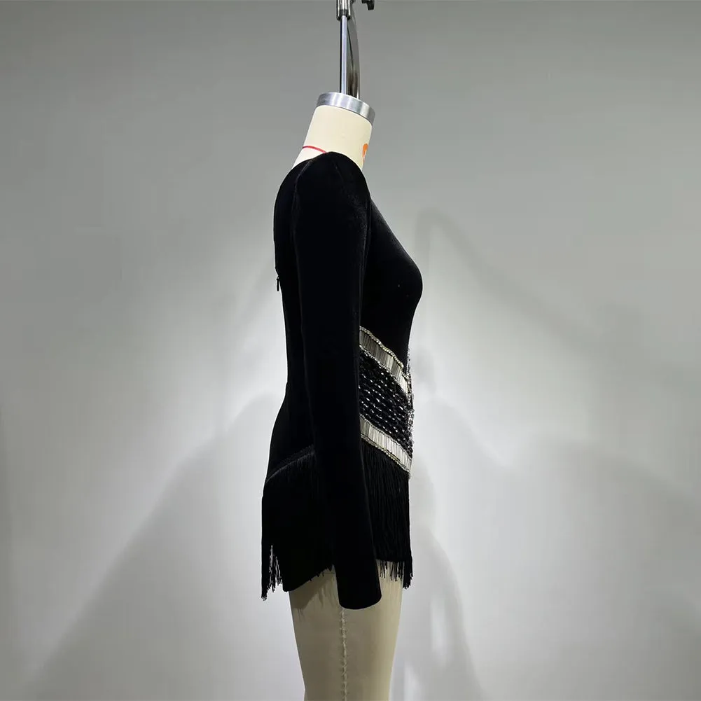 Round Neck Long Sleeve Rhinestone Mini Bodycon Dress HT822