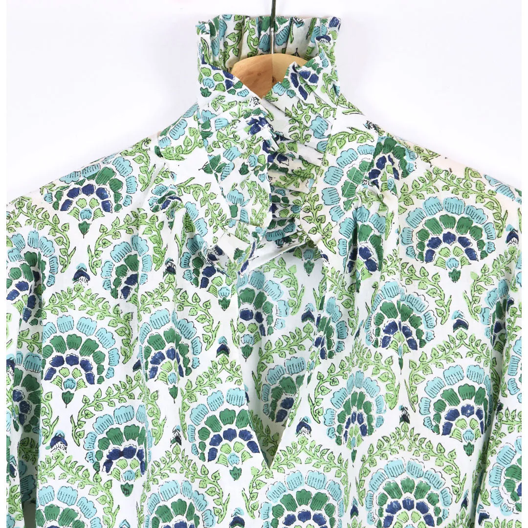 Ruffle Collar Top - Blue and Green