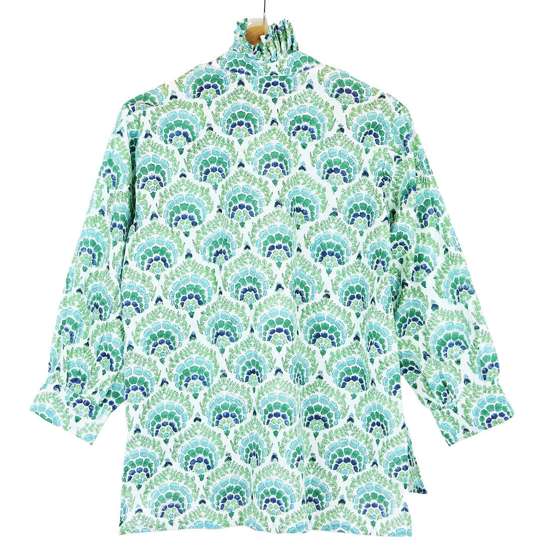 Ruffle Collar Top - Blue and Green