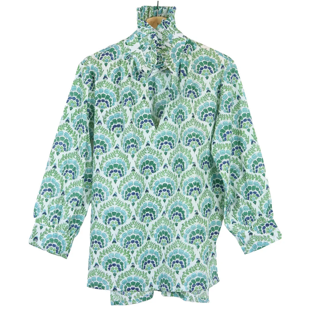 Ruffle Collar Top - Blue and Green