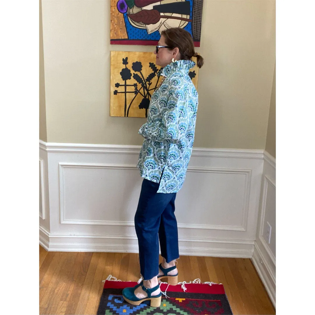 Ruffle Collar Top - Blue and Green