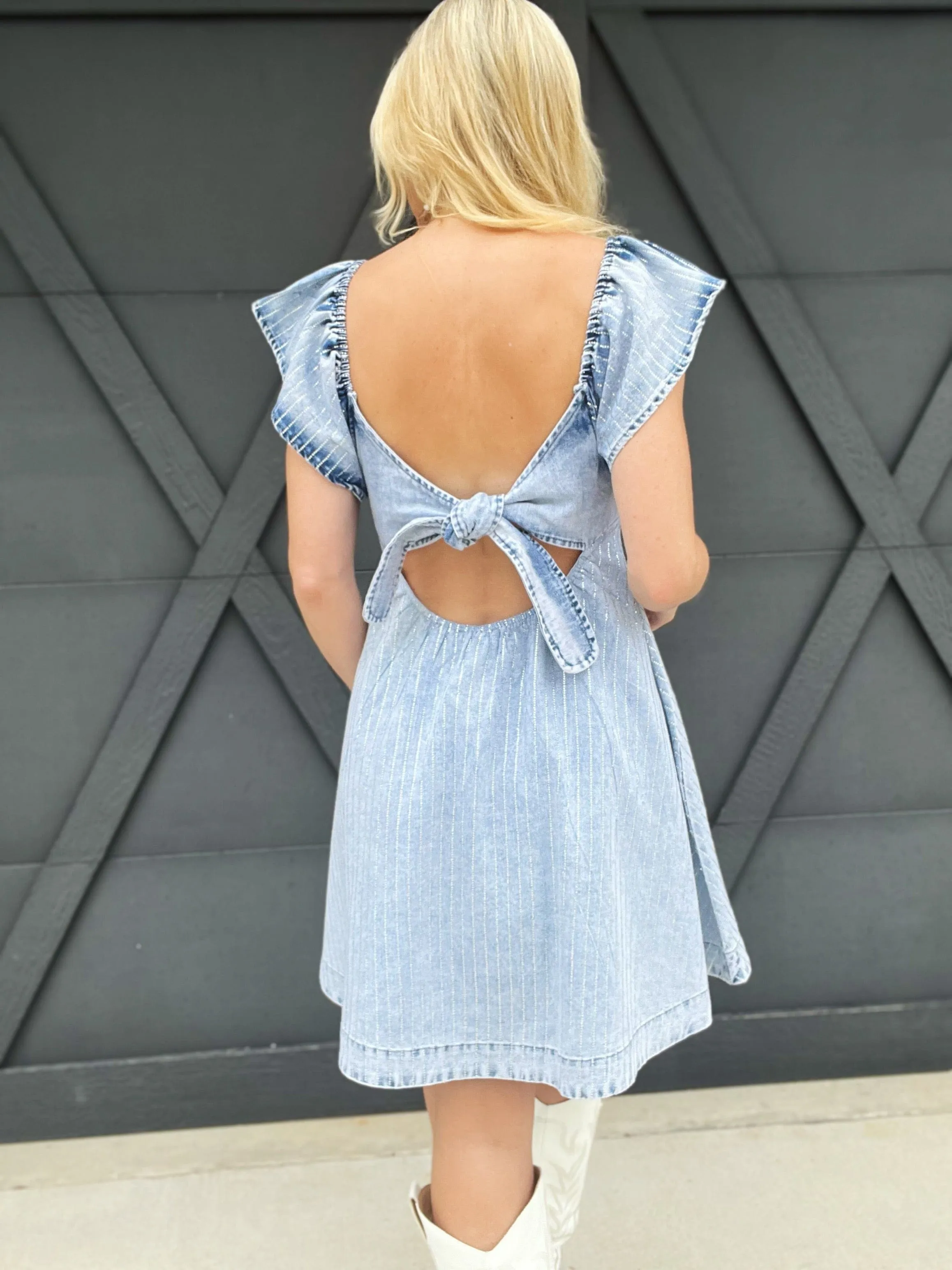 Ruffle Embellished Stripe Flare Denim Dress In Light Wash