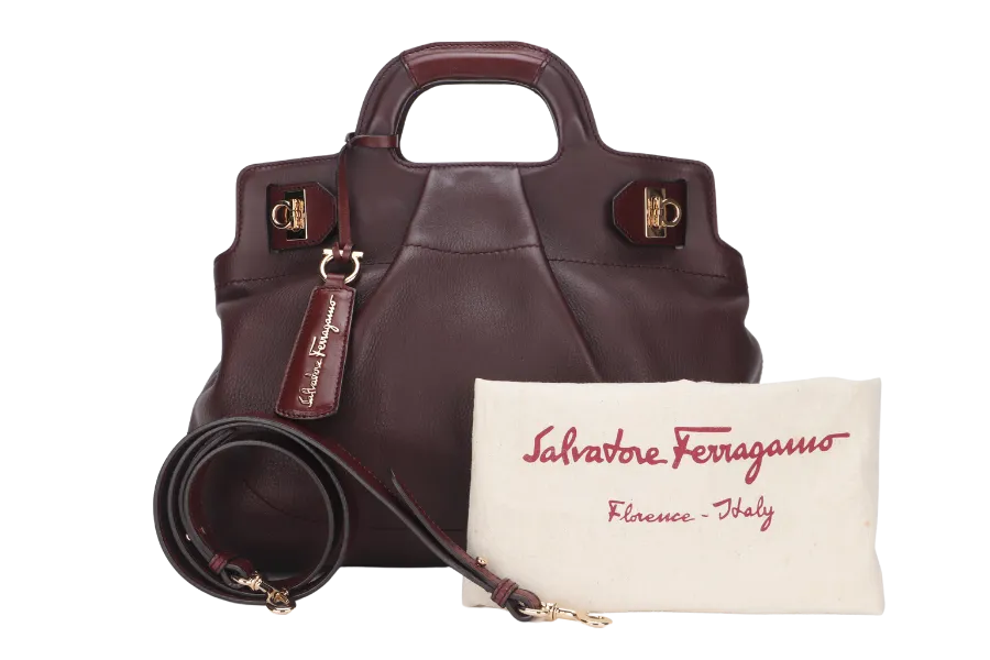 SALVATORE FERRAGAMO 2 WAY USE BAG (AB-21-C537) PURPLE LEATHER GOLD HARDWARE WITH STRAP & DUST COVER