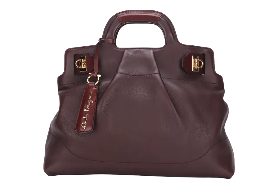 SALVATORE FERRAGAMO 2 WAY USE BAG (AB-21-C537) PURPLE LEATHER GOLD HARDWARE WITH STRAP & DUST COVER