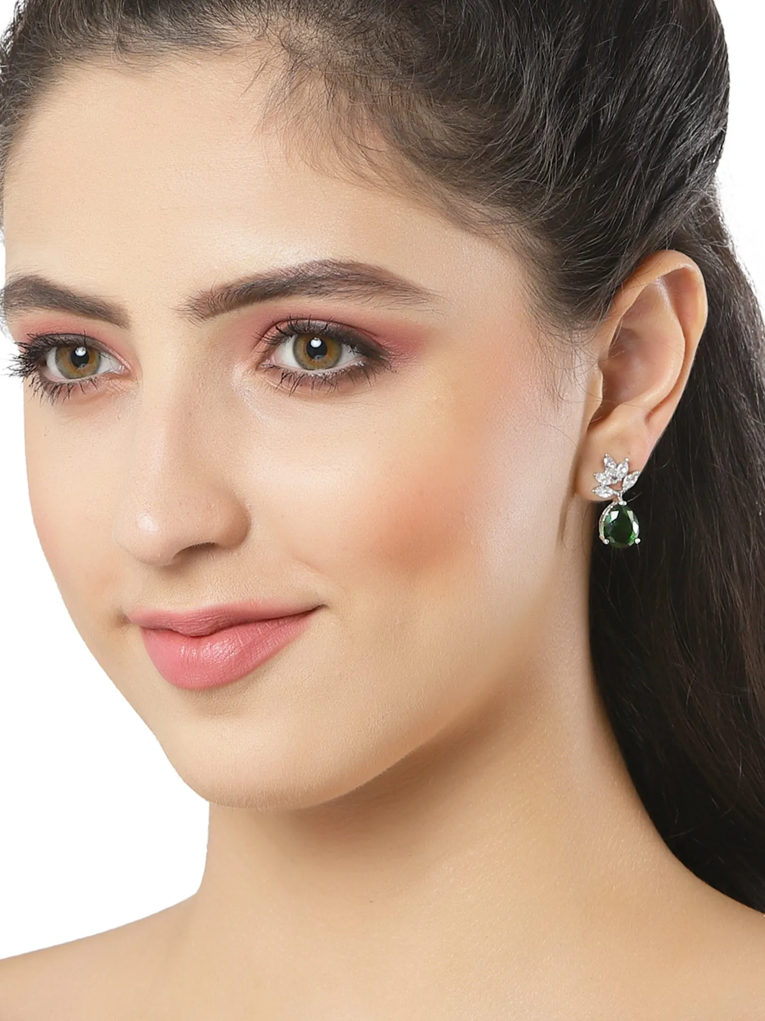 Silver Tone Green American Diamond Ear Cuffs for Women