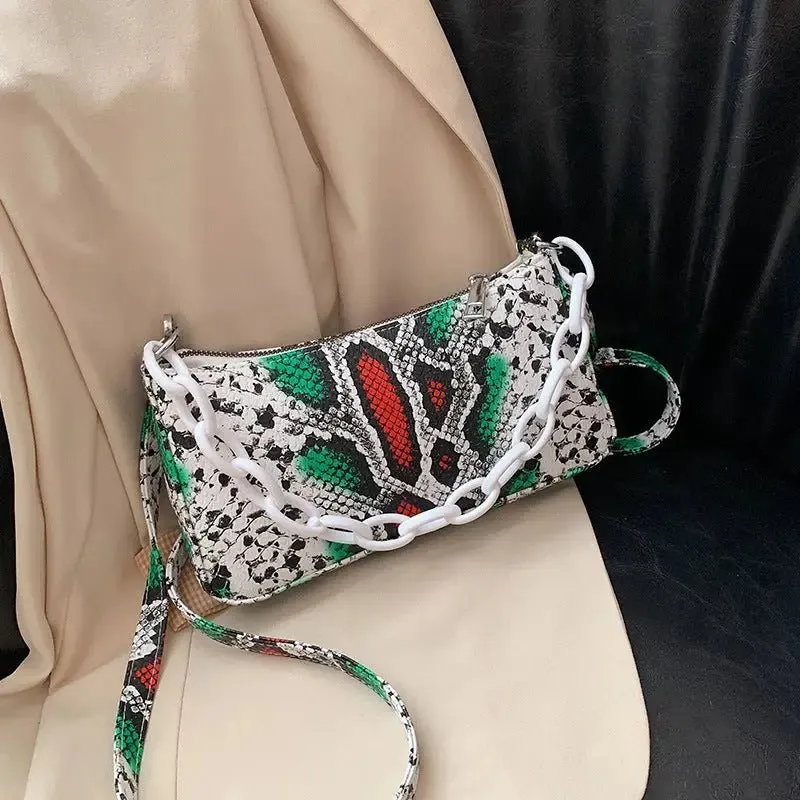 Snake Print Shoulder Bag with Detachable Strap - PU Material, 24x13x5cm, 120cm Strap