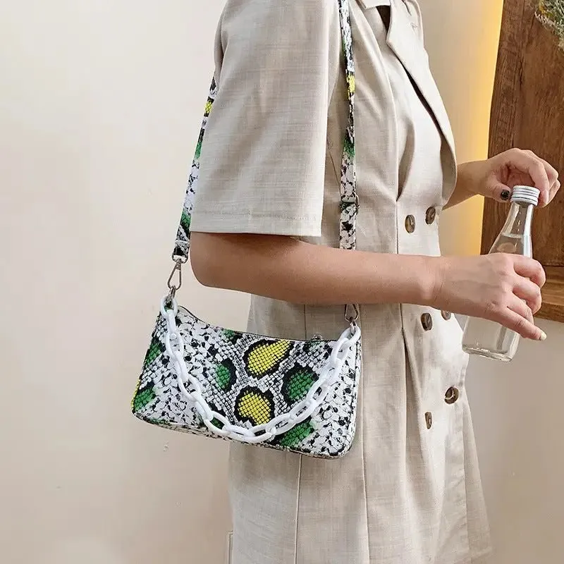 Snake Print Shoulder Bag with Detachable Strap - PU Material, 24x13x5cm, 120cm Strap