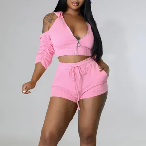 Solid Cold Shoulder Hoodie Crop Top & Shorts Set
