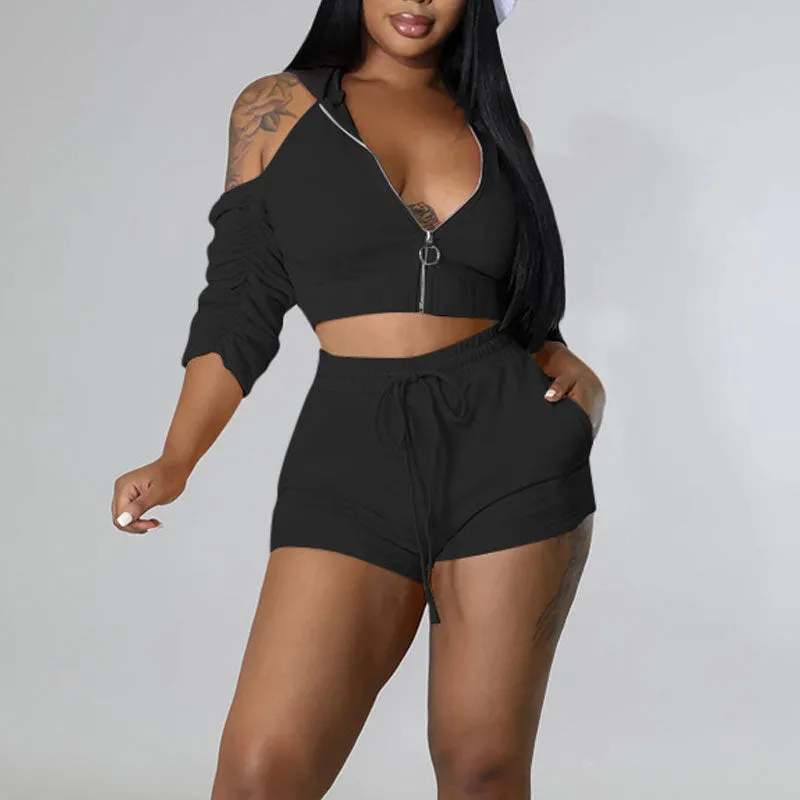 Solid Cold Shoulder Hoodie Crop Top & Shorts Set