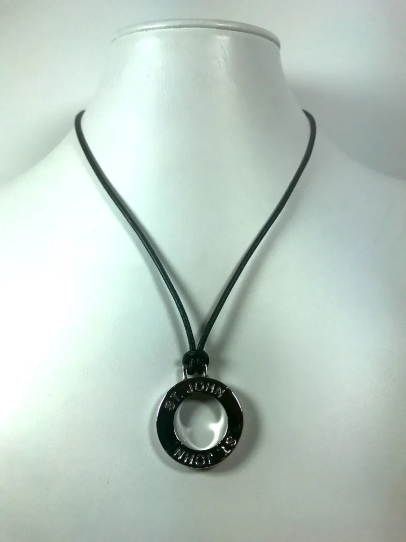 ST. JOHN Silver Tone Circle Pendant and Thin Leather Necklace